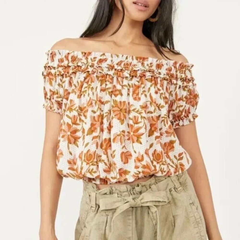 Free People One Suki Ivory Floral Smocked Off the Shoulder Top Size Medium